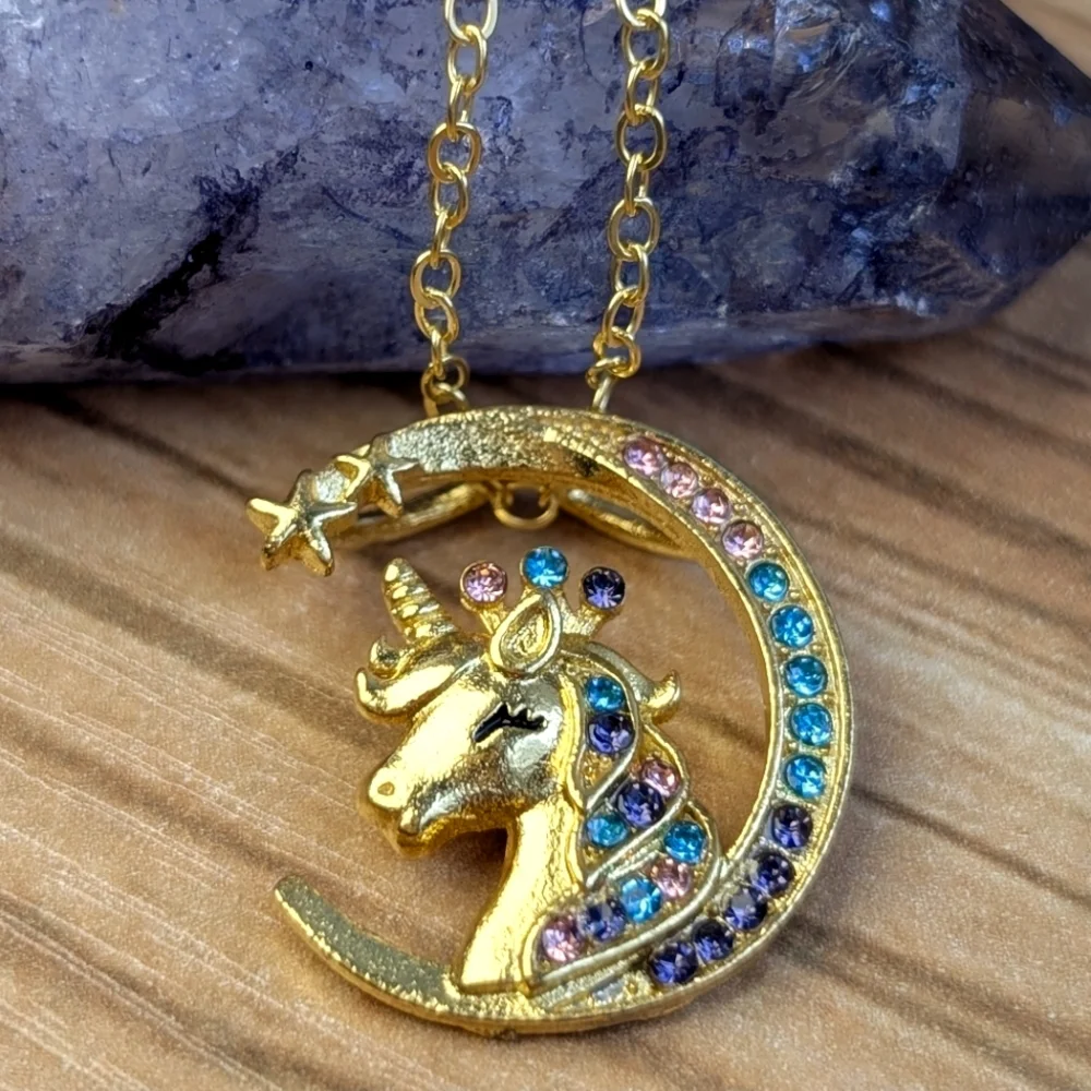 Unicorn princess Crescent moon rainbow rhinestone pendant necklace For Girls